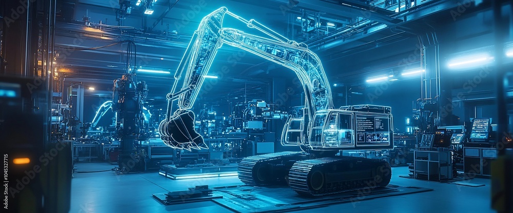 Poster a wireframe of an excavator sits in a factory setting, highlighting its design and mechanics. the bl