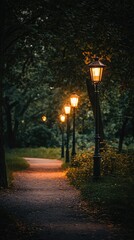 Fototapeta premium Glowing Pathway in Luminous Park at Dusk