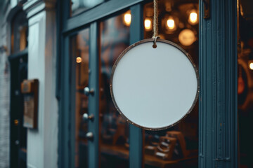 Sign board. blank vintage wooden sign board hanging on glass door in modern cafe restaurant, copy space for text advertising, advertisement marketing and small business owner concept