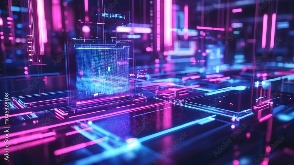 Poster Abstract digital network with glowing neon lines and data streams.