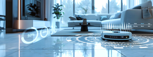 robotic vacuum cleaner from a smart home in the style of medical imaging film and tactile surfaces seen in the living room with minimalist icons and futuristic concept, smart home concept.