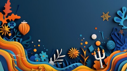 illustration of Hanukkah graphic paper cut design Illustration with Jewish holiday and cartoon elements on blue background