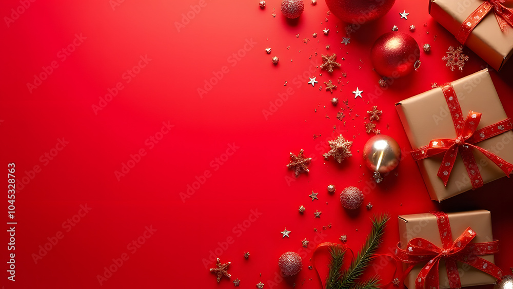 Aufkleber Red background holds Christmas items in a flat lay with Xmas and New Year elements.