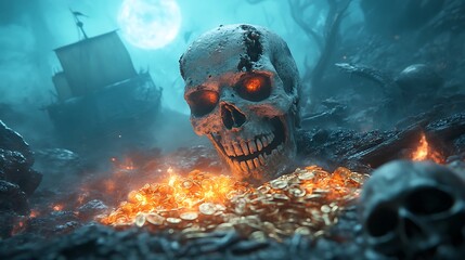 A hauntingly beautiful scene of a skull surrounded by glimmering gold coins under a mystical moonlit sky