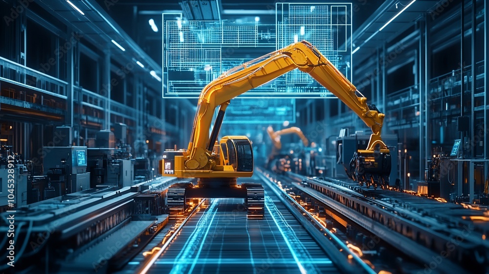 Poster An automated robotic arm operates on an assembly line, with a large digital display showing data and graphs.