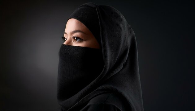 A middle eastern muslim woman of Islamic faith is wearing a niqab or a burka or a hijab; faith photography; a religious attire of the Islamic faith for a muslim woman in the middle east; religion
