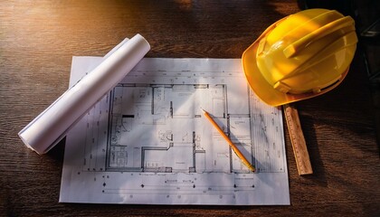 A yellow safety helmet with drafting tools on top of the blueprint on a wooden table; construction and development plans; architect and architecture; occupation photography