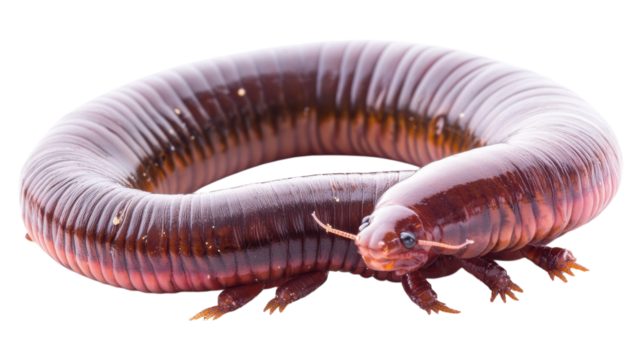 Unusual amphibian species stretching its elongated body while resting on a surface in a studio setting with a transparent backdrop.