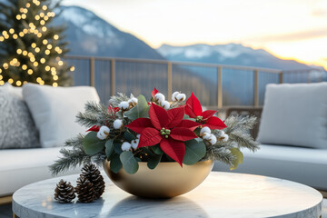 Fototapeta premium Christmas arrangement with poinsettia flowers, cottonwoods, eucalyptus and fir branches and cones in a round vase on a table in an outdoor seating area