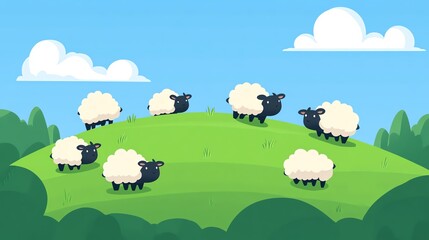 Fototapeta premium A serene illustration of sheep grazing on a green hill under a bright blue sky.