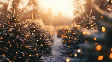 Winter landscape of a Christmas tree farm with rows of beautiful fir trees