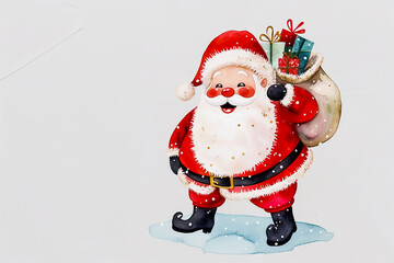 Obraz premium Jolly Santa Claus with red suit and a sack of gifts, watercolor illustration, christmas scene capturing the magical holiday spirit, perfect for greeting cards or seasonal promotions