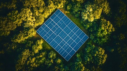 Aerial view of solar panels in a forest