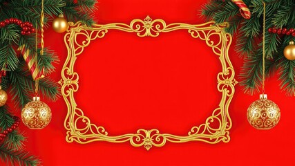 Christmas frame, christmas background with fir branches and balls, Festive Christmas Frame with Pine Branches and Baubles on Red Background