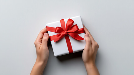 
A person wrapping a red ribbon around their gift box, adding an extra touch of elegance and personalization to the present on a white background for Valentine's Day.