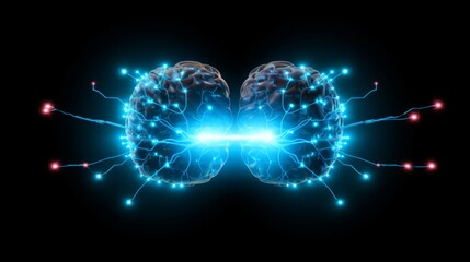 Obraz premium Two Brains Connected by a Bright Blue Beam