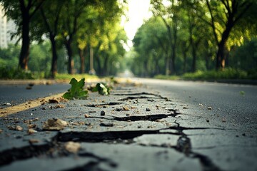 Fototapeta premium A cracked road lined with trees, illustrating nature's power over urban environments, suggesting decay and resilience in harmony.