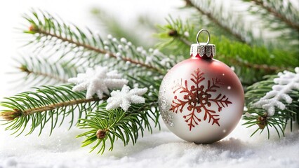 Christmas ornament with snowflakes and holly tree on white background, tilted angle