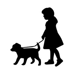 Silhouette of a little girl walking a dog on a transparent background