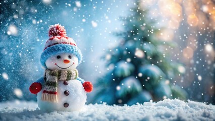 Christmas snowman in focus with blurred snowy background