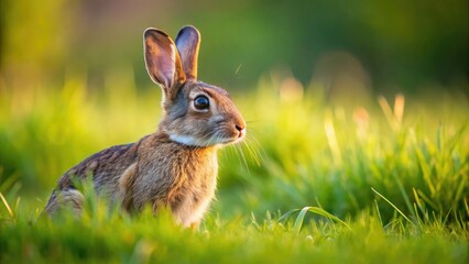 Fototapeta premium Playful brown rabbit in a grassy field, rabbit, cute, fluffy, animal, pet, wildlife, nature, furry, brown, adorable, mammal
