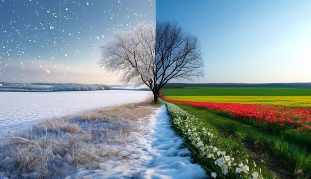 a picture of snow melting and flowers blooming, symbolizing the vernal equinox, the meeting of winter with spring