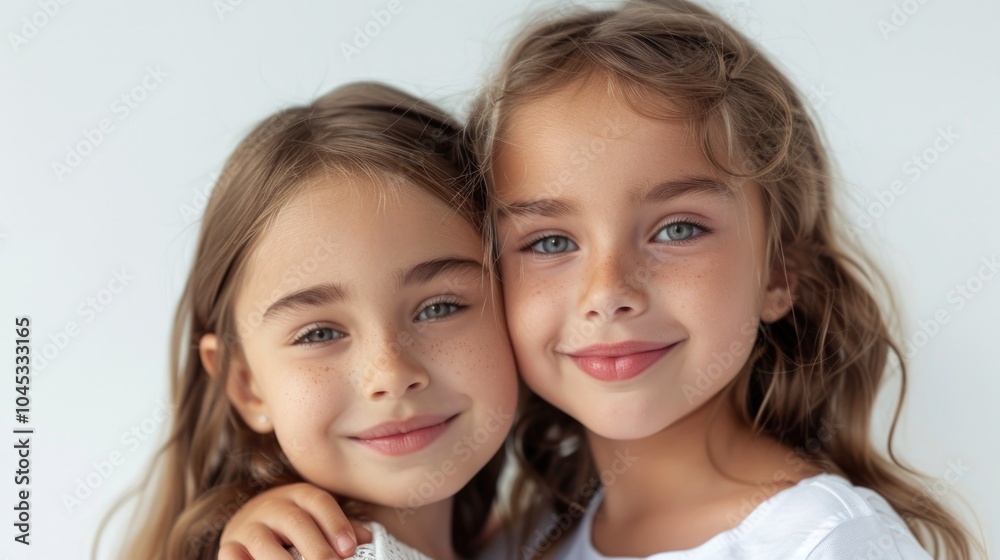 Wall mural a close-up portrait of two young sisters with blonde hair and striking blue eyes, smiling warmly. on