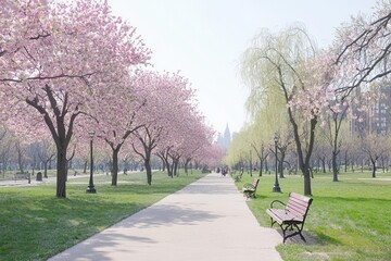 Wide panoramic shot of a park scene, soft and expansive, [light , wide , panoramic], ,