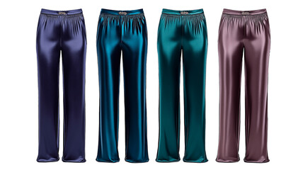 Collection of four colorful satin pants in various shades isolated on transparent background. Stylish female satin trousers set with vibrant colors and silky texture.