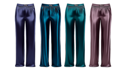 Collection of four colorful satin pants in various shades isolated on transparent background. Stylish female satin trousers set with vibrant colors and silky texture.