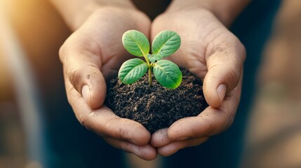 A pair of hands gently holds a small plant growing from rich soil, symbolizing growth, nurturing, and environmental care.
