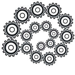 Intricate arrangement of gears in a spiral pattern demonstrating mechanical precision