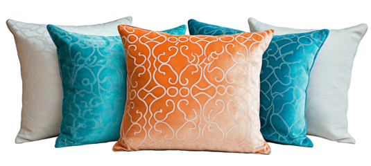 Elegant decorative pillows in blue, orange, and white tones. Set of plush pillows with intricate patterns on isolated transparent background.
