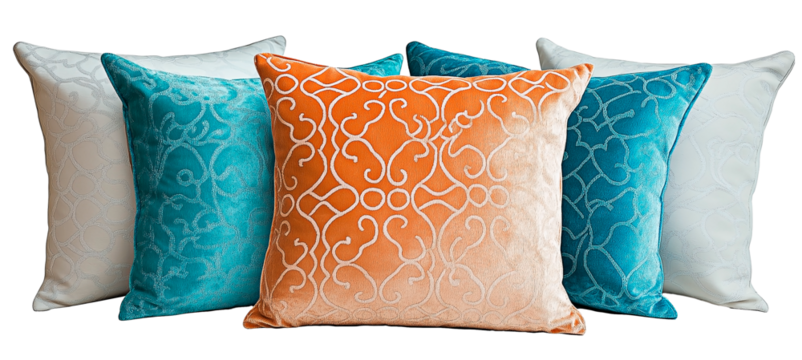 Elegant decorative pillows in blue, orange, and white tones. Set of plush pillows with intricate patterns on isolated transparent background.