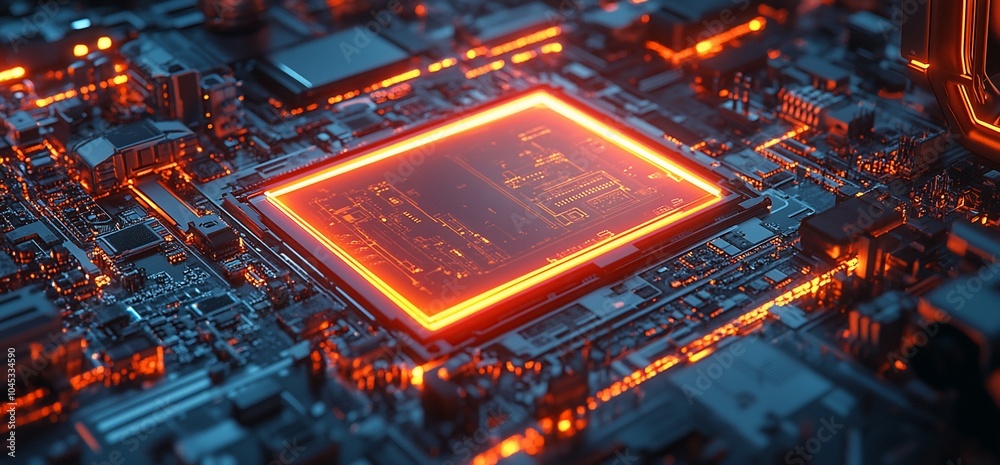 Poster Close-up of a glowing red circuit board with a central processor.