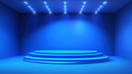 A minimalist and elegant blue podium with a spotlight shining down, illuminated by soft, ethereal light creating a mystical atmosphere for product display.