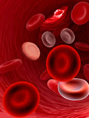 3d illustration of a group of blood cells from inside an artery flowing forward.