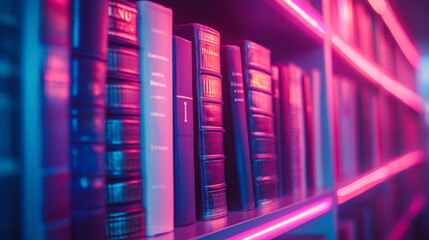 Obraz premium Illuminated book collection: Close-up view of books on a shelf in a library, with neon lights adding a futuristic and stylish element