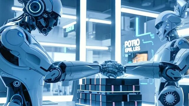 video of advanced robots with artificial intelligence that look humanistic interacting with each other indoors