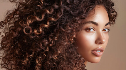 A model with thick, healthy hair after a scalp exfoliation treatment, glowing under soft natural light