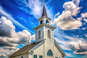 Fototapeta premium Church building with steeple and belfry against summer sky