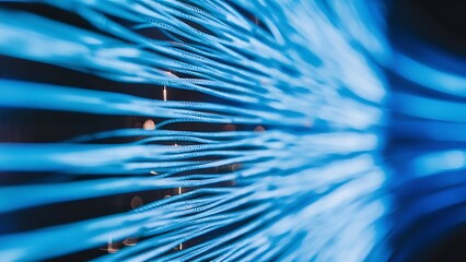 Selective focus of glowing blue fiber optics texture background