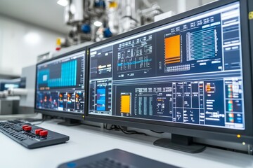 Fototapeta premium Modern Industrial Control Room with Multiple Monitors Displaying Data and Graphs in a High-Tech Facility