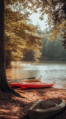 Fototapeta premium Tranquil Lake Retreat with Kayaks at Dusk