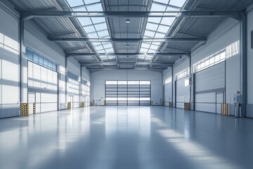 Spacious Modern Industrial Warehouse Interior with Natural Light and High Ceilings for Storage and Logistics