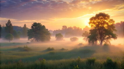 Fototapeta premium Misty sunrise over a lush meadow with trees and soft glowing light 