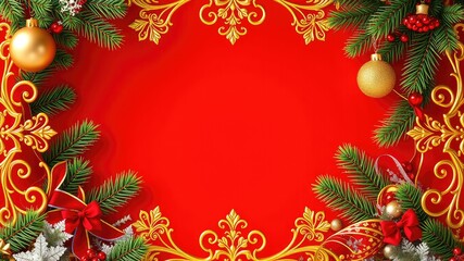 Christmas frame, christmas background with fir branches and balls, Festive Christmas Frame with Pine Branches and Baubles on Red Background