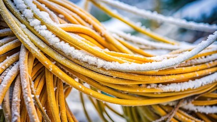 Citric wires covered with snow and frost, frozen wires on the street in the background at a tilted angle