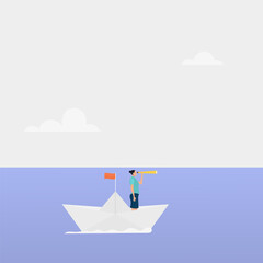 A business leader looks through binoculars at paper boats, challenging the crisis. Vector illustration.	