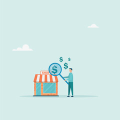 Business valuation, analysis of company value or market value, profit or earnings concept. The manager values ​​the company in dollar terms. Vector illustration.